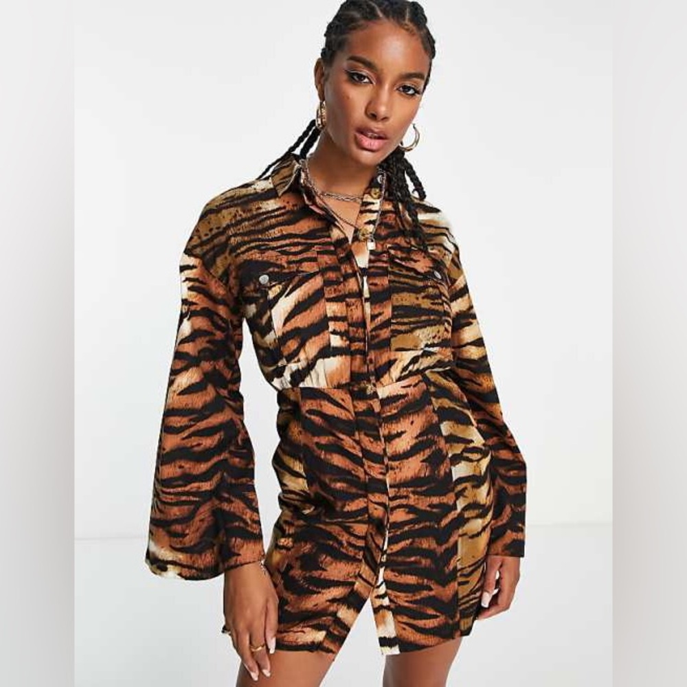 ASOS DESIGN Twill Flare Sleeve Mini Shirt Dress in Tiger Print, Sz 12 US
